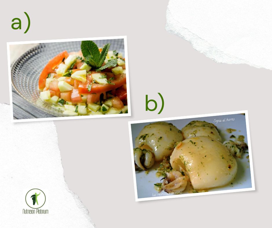 Ensalada de pepino, tomate y menta con sepia al horno.